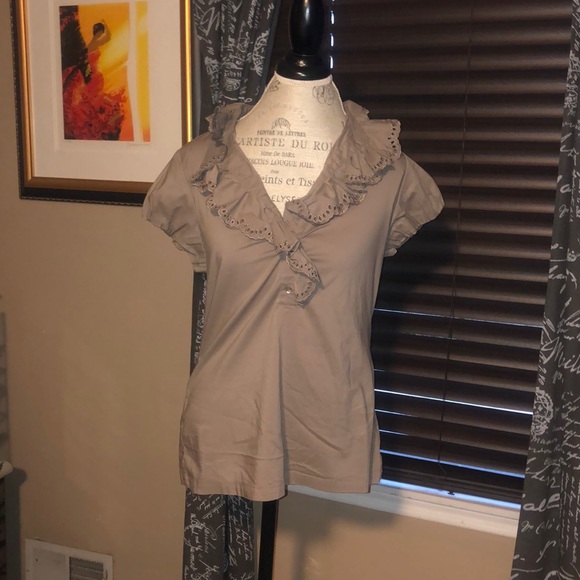 BCBGMaxAzria | Tops | Bcbg Beige Eyelet Ruffle Collar Blouse L | Poshmark